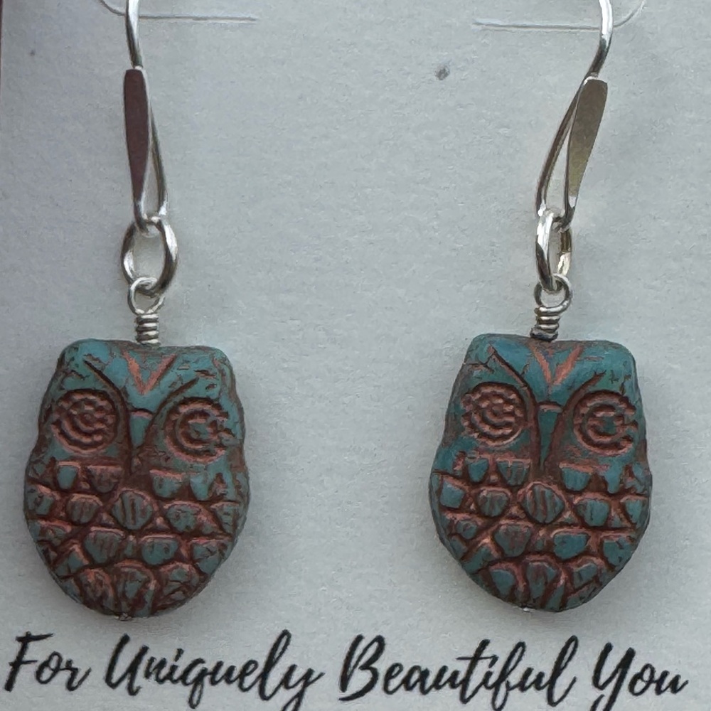 Owl Sterling Silver Dangle Earrings Czech Glass